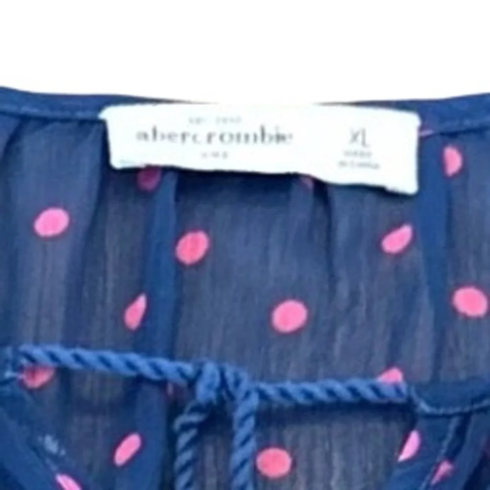 Abercrombie Kids Navy Blue Pink Polka Dot Sheer Tassel Blouse XL